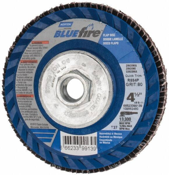 Norton - 80 Grit, 4-1/2" Disc Diam, 5/8-11 Center Hole, Type 27 Zirconia Alumina Flap Disc - 13,300 Max RPM, Fiberglass Backing, Arbor Attaching System, Coated - Exact Tool & Supply