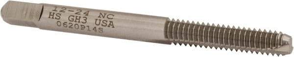 Hertel - #12-24 UNC, 2 Flute, Bright Finish, High Speed Steel Spiral Point Tap - Bottoming Chamfer, Right Hand Thread, 2-3/8" OAL, 15/16" Thread Length, 2B/3B Class of Fit - Exact Tool & Supply