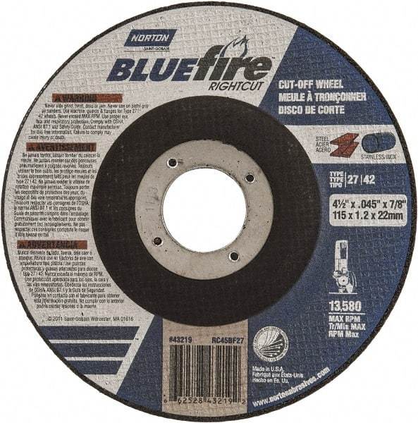 Norton - 24 Grit, 4-1/2" Wheel Diam, 1/16" Wheel Thickness, 7/8" Arbor Hole, Type 27 Depressed Center Wheel - Zirconia Alumina, R Hardness, 13,580 Max RPM, Compatible with Angle Grinder - Exact Tool & Supply