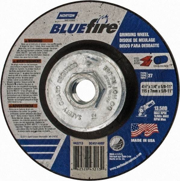 Norton - 24 Grit, 4-1/2" Wheel Diam, 1/4" Wheel Thickness, Type 27 Depressed Center Wheel - Zirconia Alumina, S Hardness, 13,580 Max RPM, Compatible with Angle Grinder - Exact Tool & Supply