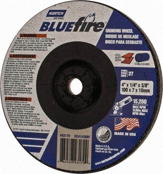 Norton - 24 Grit, 4" Wheel Diam, 1/4" Wheel Thickness, 3/8" Arbor Hole, Type 27 Depressed Center Wheel - Zirconia Alumina, S Hardness, 15,280 Max RPM, Compatible with Angle Grinder - Exact Tool & Supply
