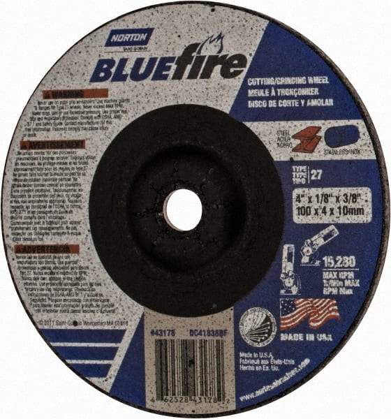 Norton - 30 Grit, 4" Wheel Diam, 1/8" Wheel Thickness, 3/8" Arbor Hole, Type 27 Depressed Center Wheel - Zirconia Alumina, U Hardness, 15,280 Max RPM, Compatible with Angle Grinder - Exact Tool & Supply