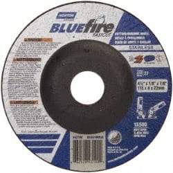 Norton - 30 Grit, 4-1/2" Wheel Diam, 1/8" Wheel Thickness, 7/8" Arbor Hole, Type 27 Depressed Center Wheel - Zirconia Alumina, T Hardness, 13,580 Max RPM, Compatible with Angle Grinder - Exact Tool & Supply