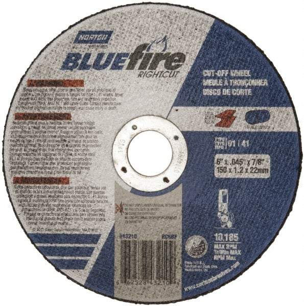 Norton - 6" 36 Grit Zirconia Alumina Cutoff Wheel - 1/16" Thick, 7/8" Arbor, 10,185 Max RPM, Use with Angle Grinders - Exact Tool & Supply