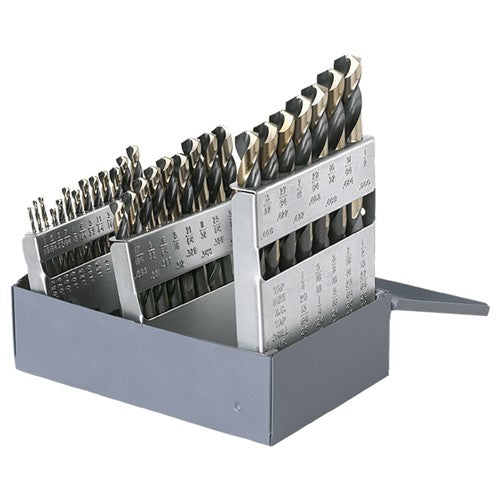 ‎1/16-1/2 RHS / RHC HSS 135 Degree Split Point Heavy Duty Black & Gold Jobber Length Drill Set - Black & Gold - Exact Tool & Supply