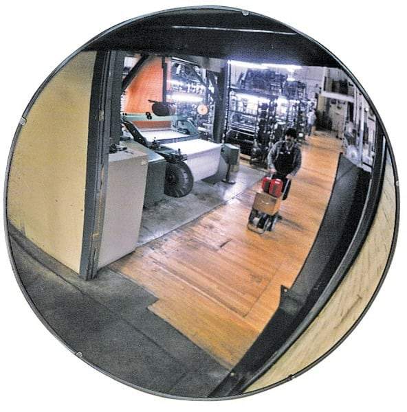 PRO-SAFE - Indoor Round Convex Safety, Traffic & Inspection Mirrors - Glass Lens, Laminated Hardboard Backing, 36" Diam x 2-3/8" High, 38' Max Covered Distance - Exact Tool & Supply