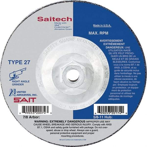 Sait - 9" Wheel Diam, 1/4" Wheel Thickness, Type 27 Depressed Center Wheel - Ceramic, Resinoid Bond, 6,600 Max RPM, Compatible with Angle Grinder - Exact Tool & Supply
