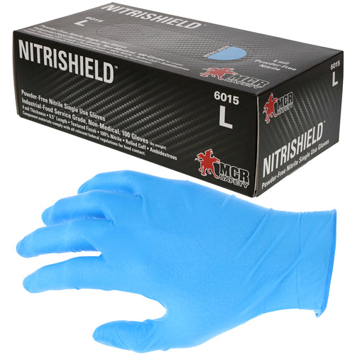 NitriShield Gloves - 4 mil Blue Nitrile Industrial/Food Service Grade - Textured Grip - Powder Free - Box of 100 - Size Medium - Exact Tool & Supply