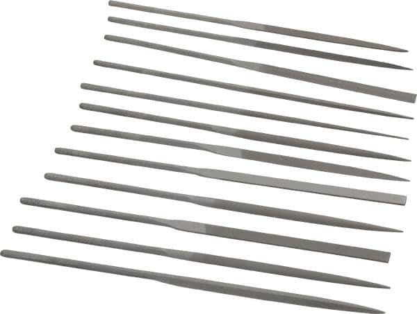 Grobet - 12 Piece Swiss Pattern File Set - 5-1/2" Long, 0 Coarseness, Set Includes Barrette, Crossing, Equalling, Half Round, Knife, Marking, Round, Round Edge Joint, Slitting, Square, Three Square, Warding - Exact Tool & Supply
