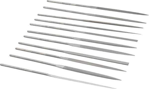 Grobet - 12 Piece Swiss Pattern File Set - 6-1/4" Long, 2 Coarseness, Set Includes Barrette, Crossing, Equalling, Half Round, Knife, Marking, Round, Round Edge Joint, Slitting, Square, Three Square, Warding - Exact Tool & Supply