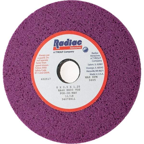 Radiac Abrasives - 8" Diam x 1-1/4" Hole x 1/2" Thick, H Hardness, 46 Grit Surface Grinding Wheel - Aluminum Oxide, Type 1, Coarse Grade, 3,600 Max RPM, Vitrified Bond, No Recess - Exact Tool & Supply