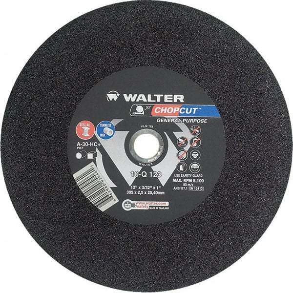 WALTER Surface Technologies - 12" 30 Grit Aluminum Oxide Cutoff Wheel - 3/32" Thick, 1" Arbor, 5,100 Max RPM, Use with Chop Saws - Exact Tool & Supply