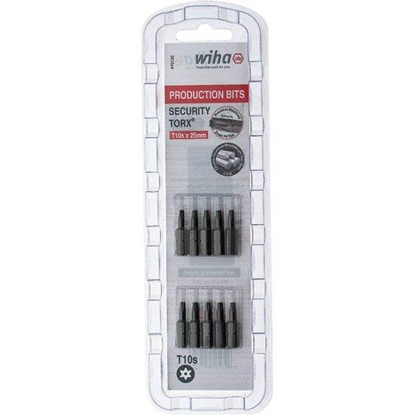 Wiha - 1/4" Drive T10 Tamperproof Torx Screwdriver Bit - 1" OAL, Tamper Resistant Bit - Exact Tool & Supply