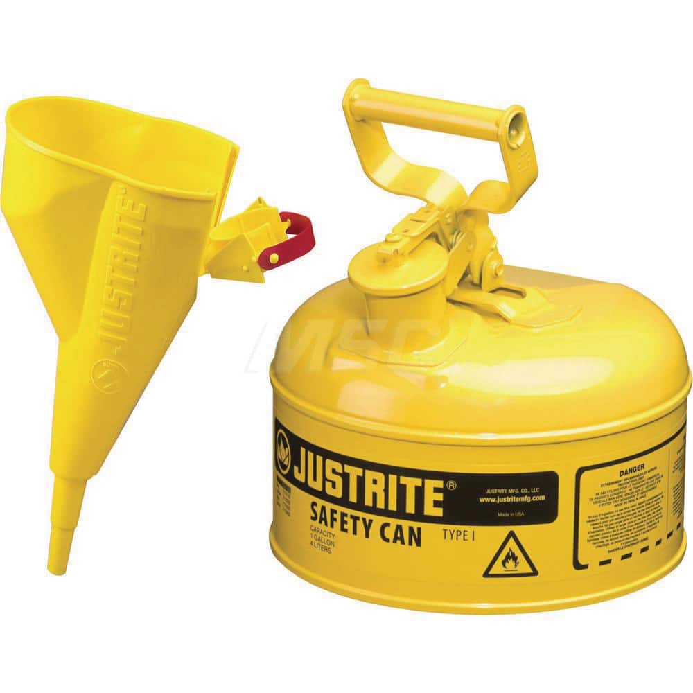 Justrite - Safety Dispensing Cans; Capacity: 1 Gal. ; Material: Steel ; Color: Yellow ; Height (Decimal Inch): 11.000000 ; Diameter/Length (mm): 9.50 ; Approval Listing/Regulations: FM Approved; UL; ULC; TUV - Exact Tool & Supply