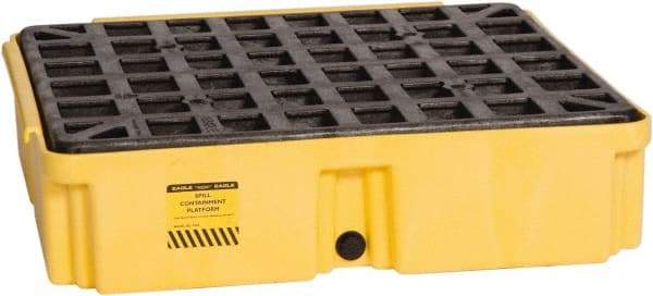 Eagle - 12 Gal Sump, 2,000 Lb Capacity, 1 Drum, Polyethylene Spill Deck or Pallet - 26-1/4" Long x 26" Wide x 6-1/2" High, Yellow, Drain Included, Low Profile, Vertical, Inline Drum Configuration - Exact Tool & Supply