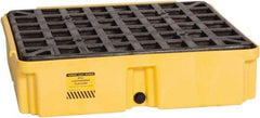 Eagle - 12 Gal Sump, 2,000 Lb Capacity, 1 Drum, Polyethylene Spill Deck or Pallet - 26-1/4" Long x 26" Wide x 6-1/2" High, Yellow, Drain Included, Low Profile, Vertical, Inline Drum Configuration - Exact Tool & Supply