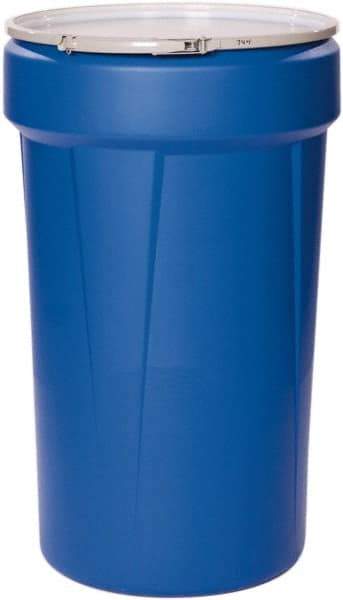 Eagle - 55 Gallon Blue Tapered Cylinder Polyethylene Open Head Drum - 39-1/8" High x 23-3/4" Diam - Exact Tool & Supply