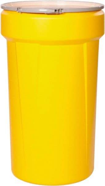 Eagle - 55 Gallon Yellow Tapered Cylinder Polyethylene Open Head Drum - 39-1/8" High x 23-3/4" Diam - Exact Tool & Supply