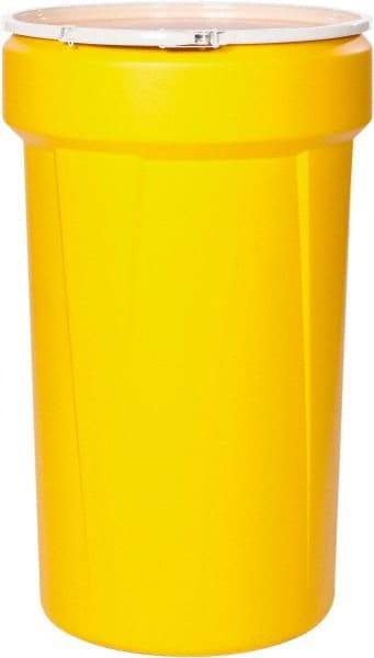 Eagle - 55 Gallon Yellow Tapered Cylinder Polyethylene Open Head Drum - 39-1/8" High x 23-3/4" Diam - Exact Tool & Supply