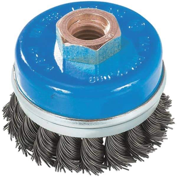 WALTER Surface Technologies - 5" Diam, 5/8-11 Threaded Arbor, Stainless Steel Fill Cup Brush - 0.02 Wire Diam, 8,600 Max RPM - Exact Tool & Supply