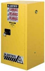 Justrite - 1 Door, 1 Shelf, Yellow Steel Space Saver Safety Cabinet for Flammable and Combustible Liquids - 44" High x 23-1/4" Wide x 18" Deep, Manual Closing Door, 15 Gal Capacity - Exact Tool & Supply