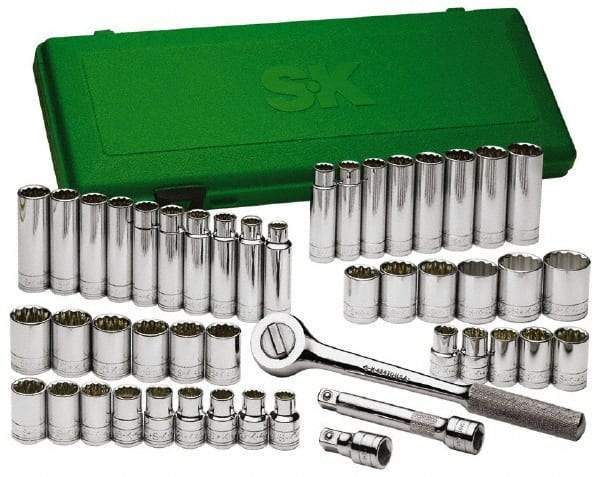 SK - 47 Piece 1/2" Drive Deep Well Socket Set - 6 Points, 1/2" to 1-1/2" (10mm to 24mm) Range, Inch/Metric Measurement Standard - Exact Tool & Supply