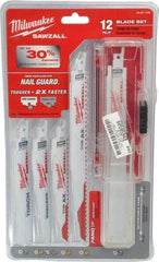 Milwaukee Tool - 12 Piece, 6" to 9" Long x 0.04" to 0.05" Thick, Bi-Metal Reciprocating Saw Blade Set - Straight Profile, 5-8 to 18 Teeth per Inch, Toothed Edge - Exact Tool & Supply