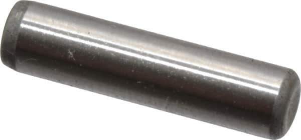 Made in USA - 1/8" Diam x 1/2" Pin Length Grade 8 Alloy Steel Standard Dowel Pin - Bright Finish, C 47-58 & C 60 (Surface) Hardness, 1,840 Lb (Single Shear), 3,680 Lb (Double Shear) Breaking Strength, 1 Beveled & 1 Rounded End - Exact Tool & Supply
