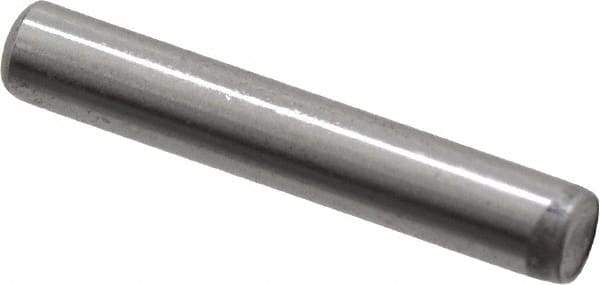 Made in USA - 1/8" Diam x 3/4" Pin Length Grade 8 Alloy Steel Standard Dowel Pin - Bright Finish, C 47-58 & C 60 (Surface) Hardness, 1,840 Lb (Single Shear), 3,680 Lb (Double Shear) Breaking Strength, 1 Beveled & 1 Rounded End - Exact Tool & Supply