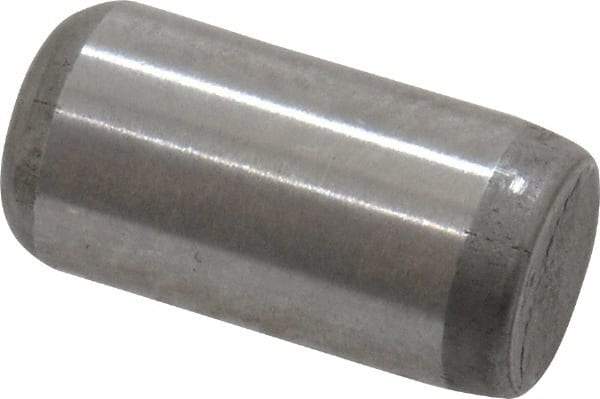Made in USA - 1/4" Diam x 1/2" Pin Length Grade 8 Alloy Steel Standard Dowel Pin - Bright Finish, C 47-58 & C 60 (Surface) Hardness, 14,720 Lb (Double Shear), 7,360 Lb (Single Shear) Breaking Strength, 1 Beveled & 1 Rounded End - Exact Tool & Supply