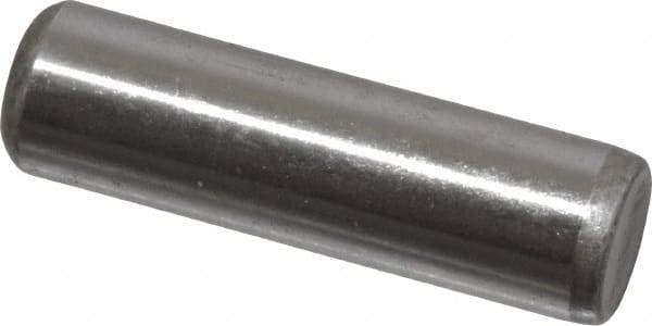 Made in USA - 1/4" Diam x 7/8" Pin Length Grade 8 Alloy Steel Standard Dowel Pin - Bright Finish, C 47-58 & C 60 (Surface) Hardness, 14,720 Lb (Double Shear), 7,360 Lb (Single Shear) Breaking Strength, 1 Beveled & 1 Rounded End - Exact Tool & Supply