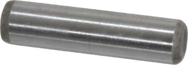 Made in USA - 1/4" Diam x 1" Pin Length Grade 8 Alloy Steel Standard Dowel Pin - Bright Finish, C 47-58 & C 60 (Surface) Hardness, 14,720 Lb (Double Shear), 7,360 Lb (Single Shear) Breaking Strength, 1 Beveled & 1 Rounded End - Exact Tool & Supply