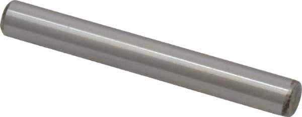 Made in USA - 1/4" Diam x 2" Pin Length Grade 8 Alloy Steel Standard Dowel Pin - Bright Finish, C 47-58 & C 60 (Surface) Hardness, 14,720 Lb (Double Shear), 7,360 Lb (Single Shear) Breaking Strength, 1 Beveled & 1 Rounded End - Exact Tool & Supply
