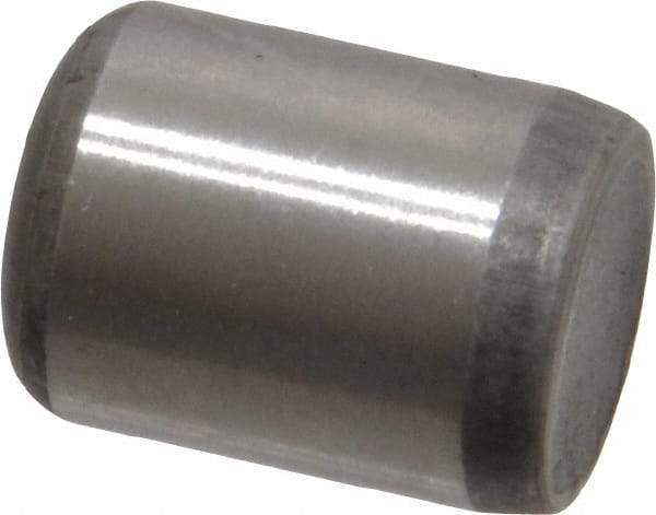 Made in USA - 3/8" Diam x 1/2" Pin Length Grade 8 Alloy Steel Standard Dowel Pin - Bright Finish, C 47-58 & C 60 (Surface) Hardness, 16,550 Lb (Single Shear), 33,100 Lb (Double Shear) Breaking Strength, 1 Beveled & 1 Rounded End - Exact Tool & Supply