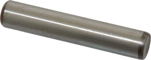 Made in USA - 3/8" Diam x 2" Pin Length Grade 8 Alloy Steel Standard Dowel Pin - Bright Finish, C 47-58 & C 60 (Surface) Hardness, 16,550 Lb (Single Shear), 33,100 Lb (Double Shear) Breaking Strength, 1 Beveled & 1 Rounded End - Exact Tool & Supply
