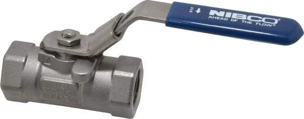 NIBCO - 1/2" Pipe, Reduced Port, Stainless Steel Standard Ball Valve - 1 Piece, Inline - One Way Flow, FNPT x FNPT Ends, Locking Lever Handle, 2,000 WOG - Exact Tool & Supply