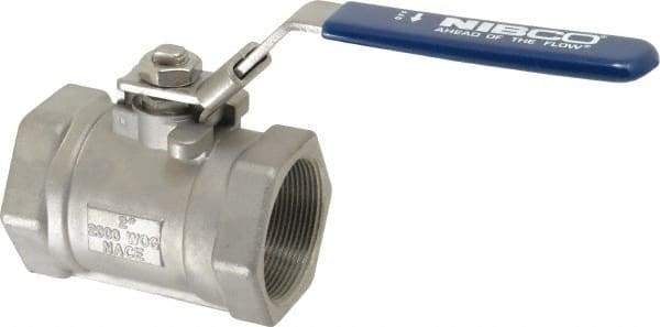 NIBCO - 2" Pipe, Reduced Port, Standard Ball Valve - 1 Piece, Inline - One Way Flow, FNPT x FNPT Ends, Locking Lever Handle, 2,000 WOG - Exact Tool & Supply