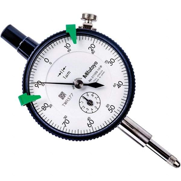 Mitutoyo - 1mm Range, 0-100 Dial Reading, 0.001mm Graduation Dial Drop Indicator - 57mm Dial, 0.1mm Range per Revolution, 0.005mm Accuracy, Revolution Counter - Exact Tool & Supply