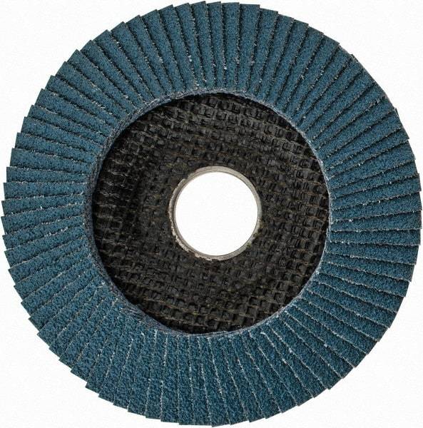 DeWALT - 60 Grit, 4-1/2" Disc Diam, 7/8" Center Hole, Type 29 Zirconia Alumina Flap Disc - 13,300 Max RPM, Poly Cotton Backing, Arbor Attaching System, Coated - Exact Tool & Supply