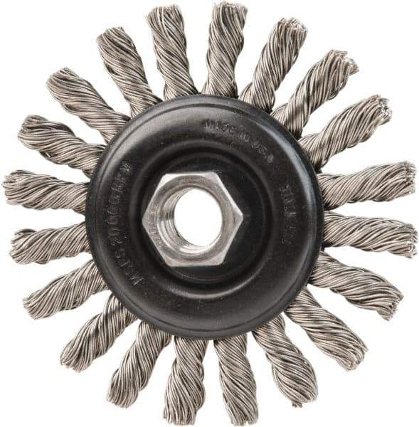DeWALT - 4" OD, 5/8-11 Arbor Hole, Knotted Stainless Steel Wheel Brush - 3/8" Face Width, 7/8" Trim Length, 0.02" Filament Diam, 20,000 RPM - Exact Tool & Supply