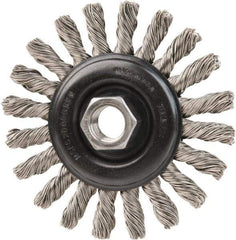 DeWALT - 4" OD, 5/8-11 Arbor Hole, Knotted Stainless Steel Wheel Brush - 3/8" Face Width, 7/8" Trim Length, 0.02" Filament Diam, 20,000 RPM - Exact Tool & Supply