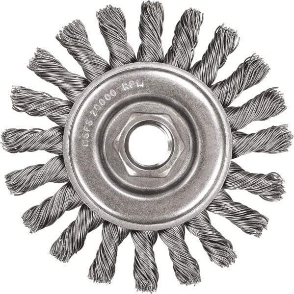 DeWALT - 5" OD, 5/8-11 Arbor Hole, Knotted Stainless Steel Wheel Brush - 3/8" Face Width, 7/8" Trim Length, 0.02" Filament Diam, 12,000 RPM - Exact Tool & Supply