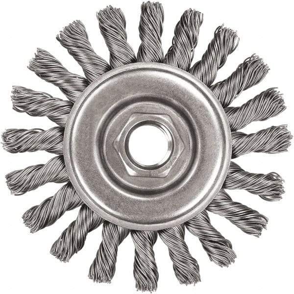 DeWALT - 4" OD, 5/8-11 Arbor Hole, Knotted Steel Wheel Brush - 3/8" Face Width, 7/8" Trim Length, 0.02" Filament Diam, 20,000 RPM - Exact Tool & Supply