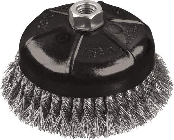 DeWALT - 6" Diam, 5/8-11 Threaded Arbor, Stainless Steel Fill Cup Brush - 0.02 Wire Diam, 1-3/8" Trim Length, 6,600 Max RPM - Exact Tool & Supply
