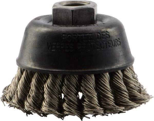 DeWALT - 3" Diam, 5/8-11 Threaded Arbor, Stainless Steel Fill Cup Brush - 0.02 Wire Diam, 7/8" Trim Length, 14,000 Max RPM - Exact Tool & Supply