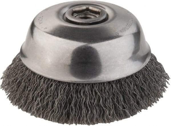 DeWALT - 4" Diam, 5/8-11 Threaded Arbor, Steel Fill Cup Brush - 0.014 Wire Diam, 1-1/8" Trim Length, 9,000 Max RPM - Exact Tool & Supply
