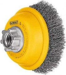 DeWALT - 4" Diam, 5/8-11 Threaded Arbor, Steel Fill Cup Brush - 0.014 Wire Diam, 1-1/8" Trim Length, 9,000 Max RPM - Exact Tool & Supply