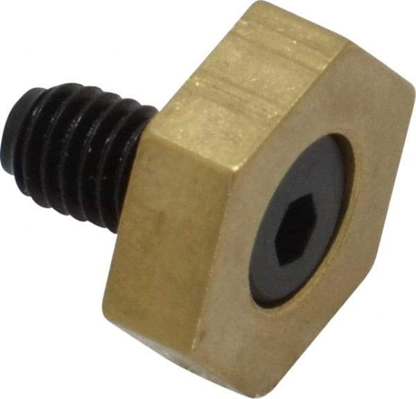 Mitee-Bite - 1/2" Brass Hex, 10-32 Stud Thread, Symmetrical Hex Clamp - 0.16" Hex Height, 350 Lb Holding Force, Hardened Steel Stud, 11/32" Long Thread, 2.5 Ft/Lb Torque, 10 Clamps - Exact Tool & Supply