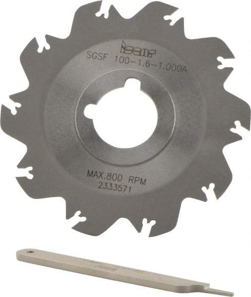 Iscar - Arbor Hole Connection, 0.049" Cutting Width, 1.18" Depth of Cut, 3.94" Cutter Diam, 1" Hole Diam, 10 Tooth Indexable Slotting Cutter - SGSF Toolholder, GSFN, GSFU Insert - Exact Tool & Supply