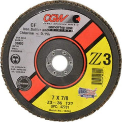 Camel Grinding Wheels - 36 Grit, 7" Disc Diam, 7/8" Center Hole, Type 27 Zirconia Alumina Flap Disc - 8,600 Max RPM, Poly Cotton Backing, Arbor Attaching System, Coated - Exact Tool & Supply